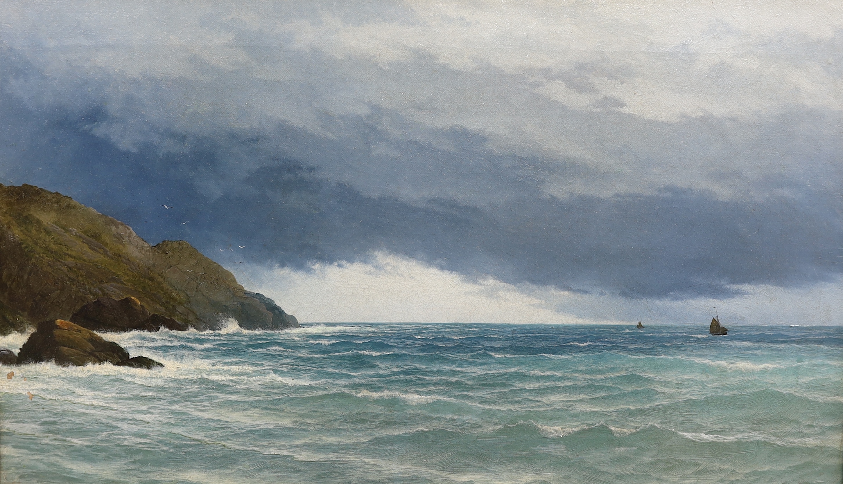 David James (British, 1853-1904), Shipping off the coast, oil on canvas, 74.5 x 43.5cm